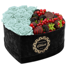 Velvet Heart Box with 15 Roses & Fruit Life Belgian Chocolate Covered Strawberries