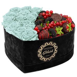 Velvet Heart Box with 15 Roses & Fruit Life Belgian Chocolate Covered Strawberries