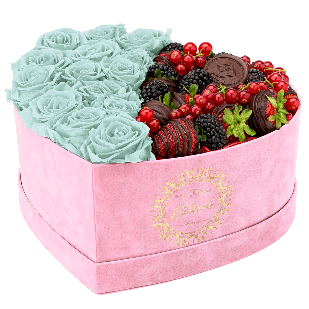 Velvet Heart Box with 15 Roses & Fruit Life Belgian Chocolate Covered Strawberries
