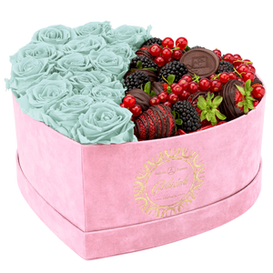 Velvet Heart Box with 15 Roses & Fruit Life Belgian Chocolate Covered Strawberries