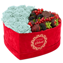 Velvet Heart Box with 15 Roses & Fruit Life Belgian Chocolate Covered Strawberries