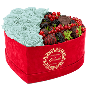 Velvet Heart Box with 15 Roses & Fruit Life Belgian Chocolate Covered Strawberries
