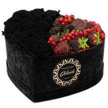 Velvet Heart Box with 15 Roses & Fruit Life Belgian Chocolate Covered Strawberries