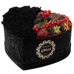 Velvet Heart Box with 15 Roses & Fruit Life Belgian Chocolate Covered Strawberries