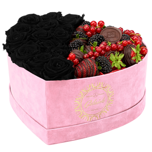 Velvet Heart Box with 15 Roses & Fruit Life Belgian Chocolate Covered Strawberries