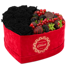 Velvet Heart Box with 15 Roses & Fruit Life Belgian Chocolate Covered Strawberries
