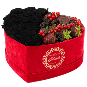 Velvet Heart Box with 15 Roses & Fruit Life Belgian Chocolate Covered Strawberries