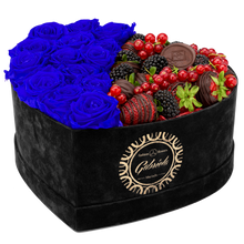 Velvet Heart Box with 15 Roses & Fruit Life Belgian Chocolate Covered Strawberries