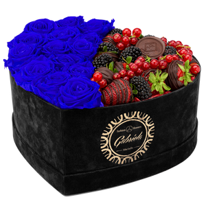 Velvet Heart Box with 15 Roses & Fruit Life Belgian Chocolate Covered Strawberries