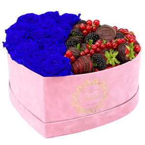 Velvet Heart Box with 15 Roses & Fruit Life Belgian Chocolate Covered Strawberries