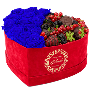 Velvet Heart Box with 15 Roses & Fruit Life Belgian Chocolate Covered Strawberries