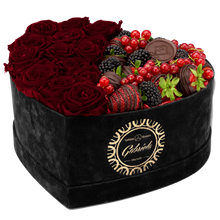 Velvet Heart Box with 15 Roses & Fruit Life Belgian Chocolate Covered Strawberries
