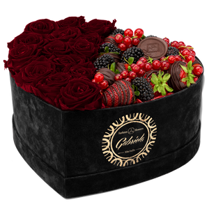 Velvet Heart Box with 15 Roses & Fruit Life Belgian Chocolate Covered Strawberries