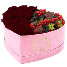 Velvet Heart Box with 15 Roses & Fruit Life Belgian Chocolate Covered Strawberries