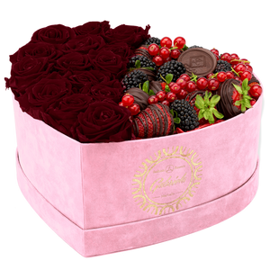Velvet Heart Box with 15 Roses & Fruit Life Belgian Chocolate Covered Strawberries