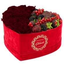 Velvet Heart Box with 15 Roses & Fruit Life Belgian Chocolate Covered Strawberries