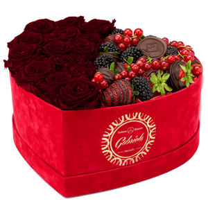 Velvet Heart Box with 15 Roses & Fruit Life Belgian Chocolate Covered Strawberries