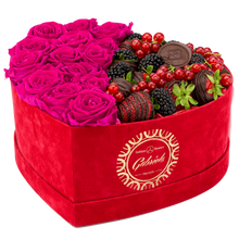 Velvet Heart Box with 15 Roses & Fruit Life Belgian Chocolate Covered Strawberries