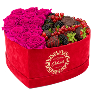 Velvet Heart Box with 15 Roses & Fruit Life Belgian Chocolate Covered Strawberries