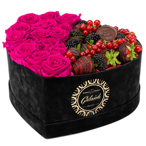 Velvet Heart Box with 15 Roses & Fruit Life Belgian Chocolate Covered Strawberries