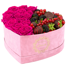 Velvet Heart Box with 15 Roses & Fruit Life Belgian Chocolate Covered Strawberries