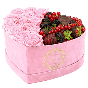 Velvet Heart Box with 15 Roses & Fruit Life Belgian Chocolate Covered Strawberries
