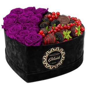 Velvet Heart Box with 15 Roses & Fruit Life Belgian Chocolate Covered Strawberries