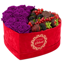 Velvet Heart Box with 15 Roses & Fruit Life Belgian Chocolate Covered Strawberries