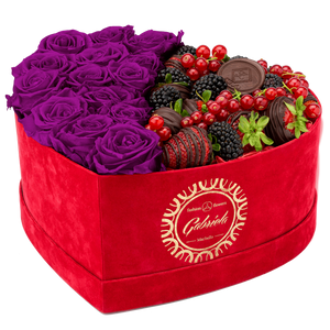 Velvet Heart Box with 15 Roses & Fruit Life Belgian Chocolate Covered Strawberries