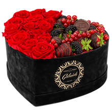 Velvet Heart Box with 15 Roses & Fruit Life Belgian Chocolate Covered Strawberries