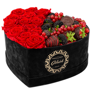 Velvet Heart Box with 15 Roses & Fruit Life Belgian Chocolate Covered Strawberries