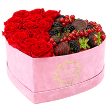 Velvet Heart Box with 15 Roses & Fruit Life Belgian Chocolate Covered Strawberries