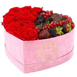 Velvet Heart Box with 15 Roses & Fruit Life Belgian Chocolate Covered Strawberries