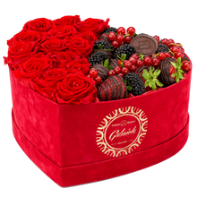 Velvet Heart Box with 15 Roses & Fruit Life Belgian Chocolate Covered Strawberries
