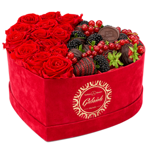 Velvet Heart Box with 15 Roses & Fruit Life Belgian Chocolate Covered Strawberries