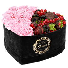 Velvet Heart Box with 15 Roses & Fruit Life Belgian Chocolate Covered Strawberries