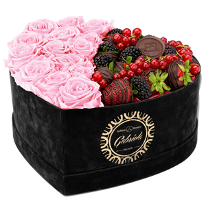 Velvet Heart Box with 15 Roses & Fruit Life Belgian Chocolate Covered Strawberries