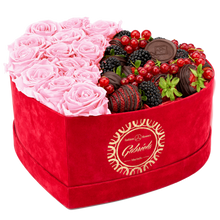Velvet Heart Box with 15 Roses & Fruit Life Belgian Chocolate Covered Strawberries