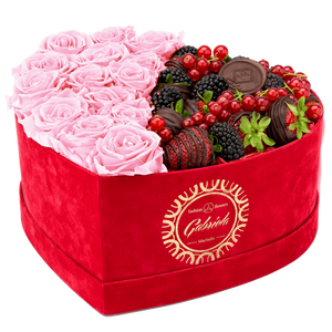 Velvet Heart Box with 15 Roses & Fruit Life Belgian Chocolate Covered Strawberries