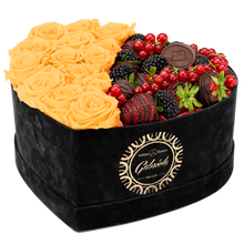 Velvet Heart Box with 15 Roses & Fruit Life Belgian Chocolate Covered Strawberries