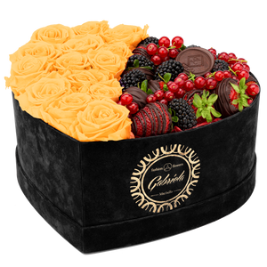 Velvet Heart Box with 15 Roses & Fruit Life Belgian Chocolate Covered Strawberries