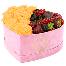 Velvet Heart Box with 15 Roses & Fruit Life Belgian Chocolate Covered Strawberries