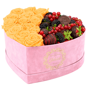 Velvet Heart Box with 15 Roses & Fruit Life Belgian Chocolate Covered Strawberries