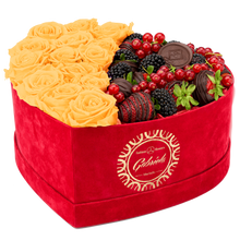 Velvet Heart Box with 15 Roses & Fruit Life Belgian Chocolate Covered Strawberries