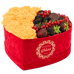Velvet Heart Box with 15 Roses & Fruit Life Belgian Chocolate Covered Strawberries