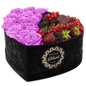 Velvet Heart Box with 15 Roses & Fruit Life Belgian Chocolate Covered Strawberries