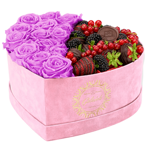 Velvet Heart Box with 15 Roses & Fruit Life Belgian Chocolate Covered Strawberries