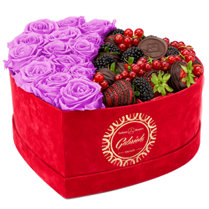Velvet Heart Box with 15 Roses & Fruit Life Belgian Chocolate Covered Strawberries