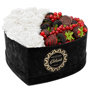 Velvet Heart Box with 15 Roses & Fruit Life Belgian Chocolate Covered Strawberries