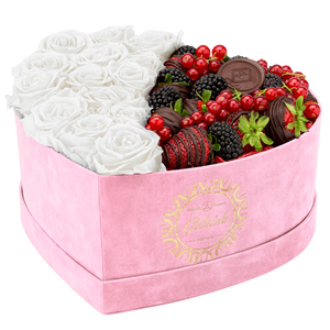 Velvet Heart Box with 15 Roses & Fruit Life Belgian Chocolate Covered Strawberries